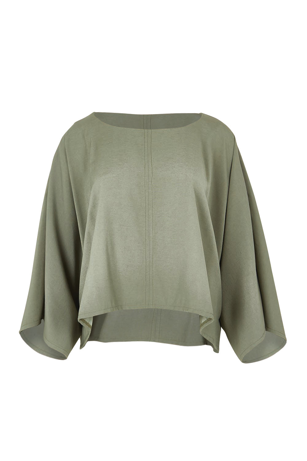 Product shot of the Striding Out Kimono Sleeve Top in colour Thyme (Green), from the front