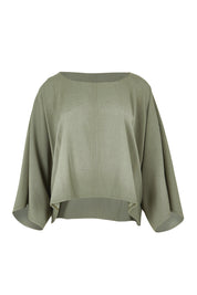 Product shot of the Striding Out Kimono Sleeve Top in colour Thyme (Green), from the front