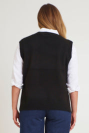 Model Chanel wearing size XL of the Found My Friend Recycled Knit Vest in colour Black (Black), from the back