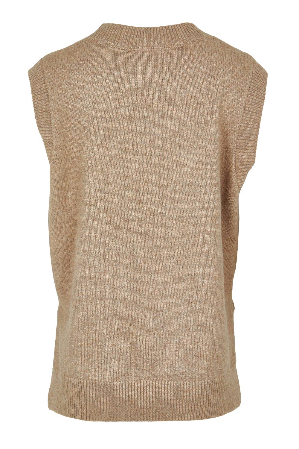 Product shot of the Found My Friend Recycled Knit Vest in colour Fawn, from the back