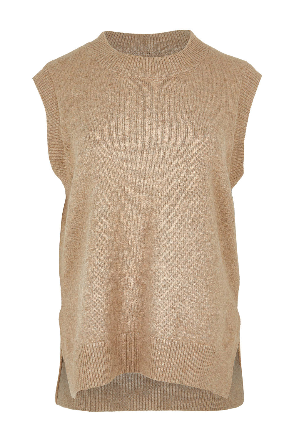 Product shot of the Found My Friend Recycled Knit Vest in colour Fawn, from the front
