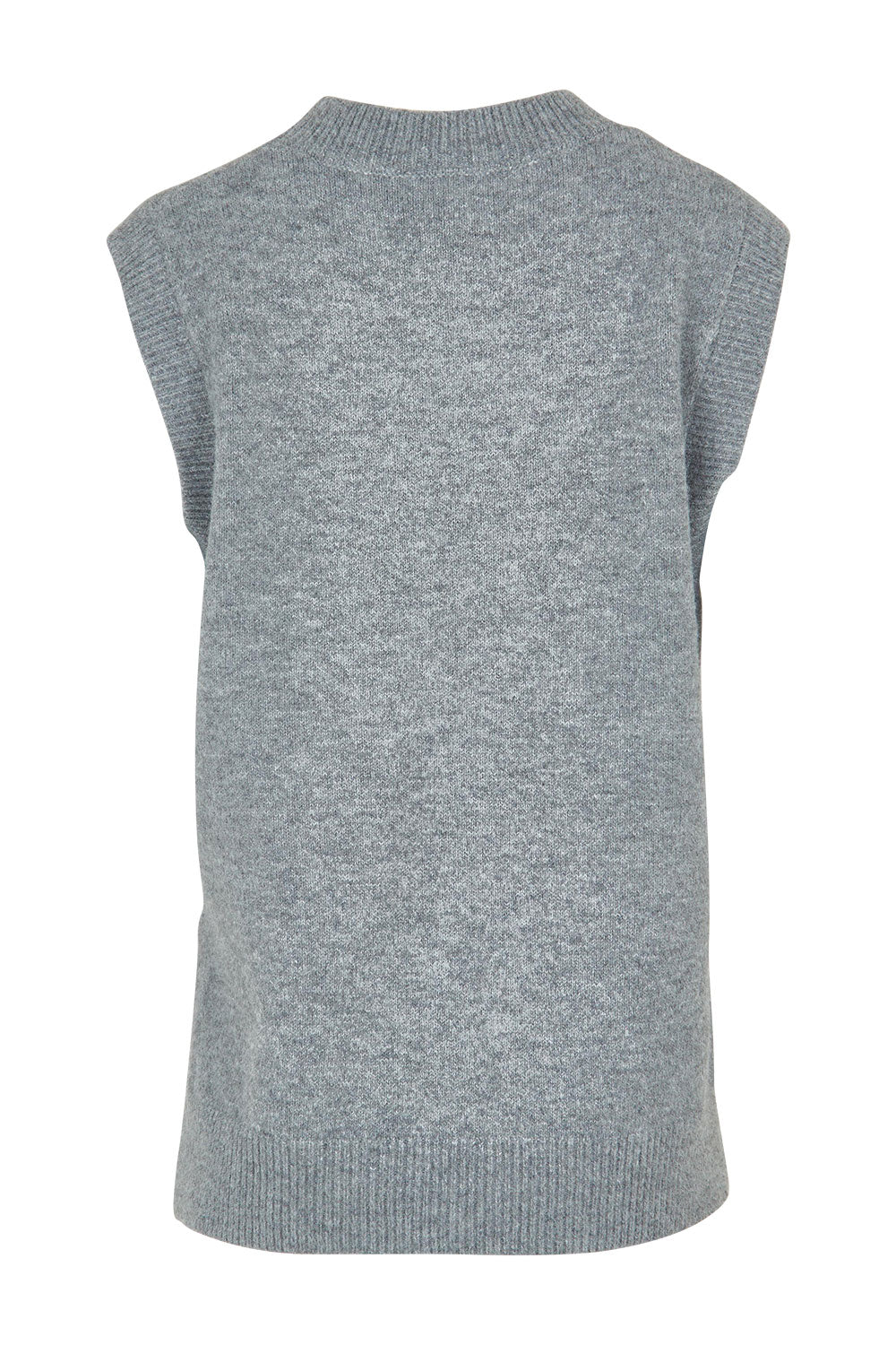 Product shot of the Found My Friend Recycled Knit Vest in colour Greymarle (Grey), from the back