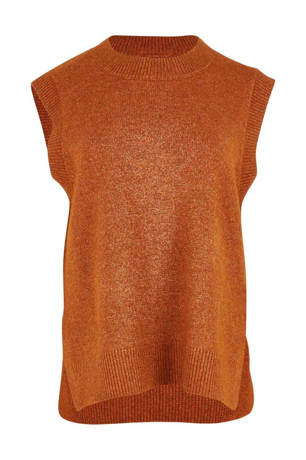 Product shot of the Found My Friend Recycled Knit Vest in colour Ochre, from the front