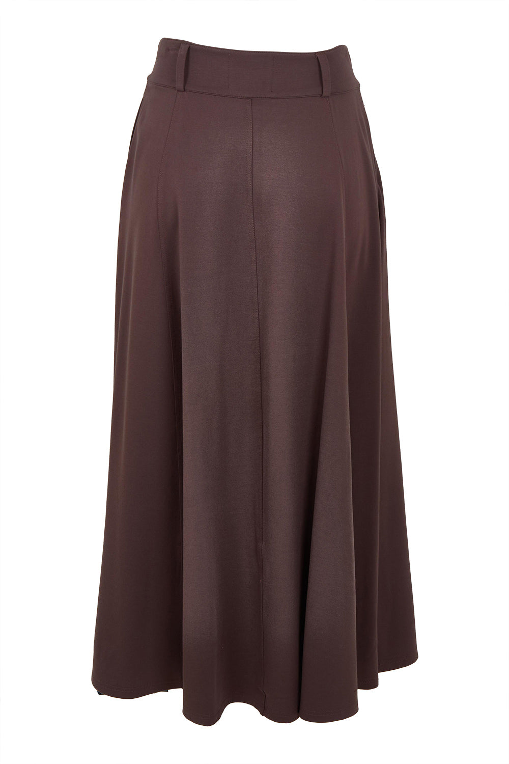 Product shot of the Sparking Joy Ponte Panelled Maxi Skirt in colour Chocolate, from the back