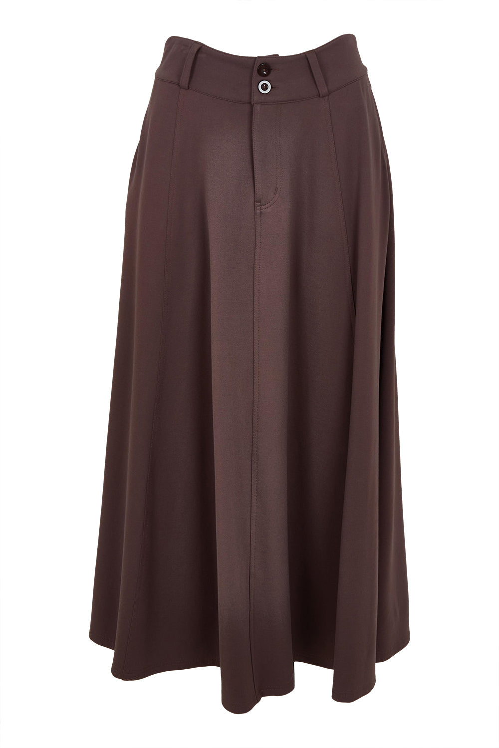 Product shot of the Sparking Joy Ponte Panelled Maxi Skirt in colour Chocolate, from the front