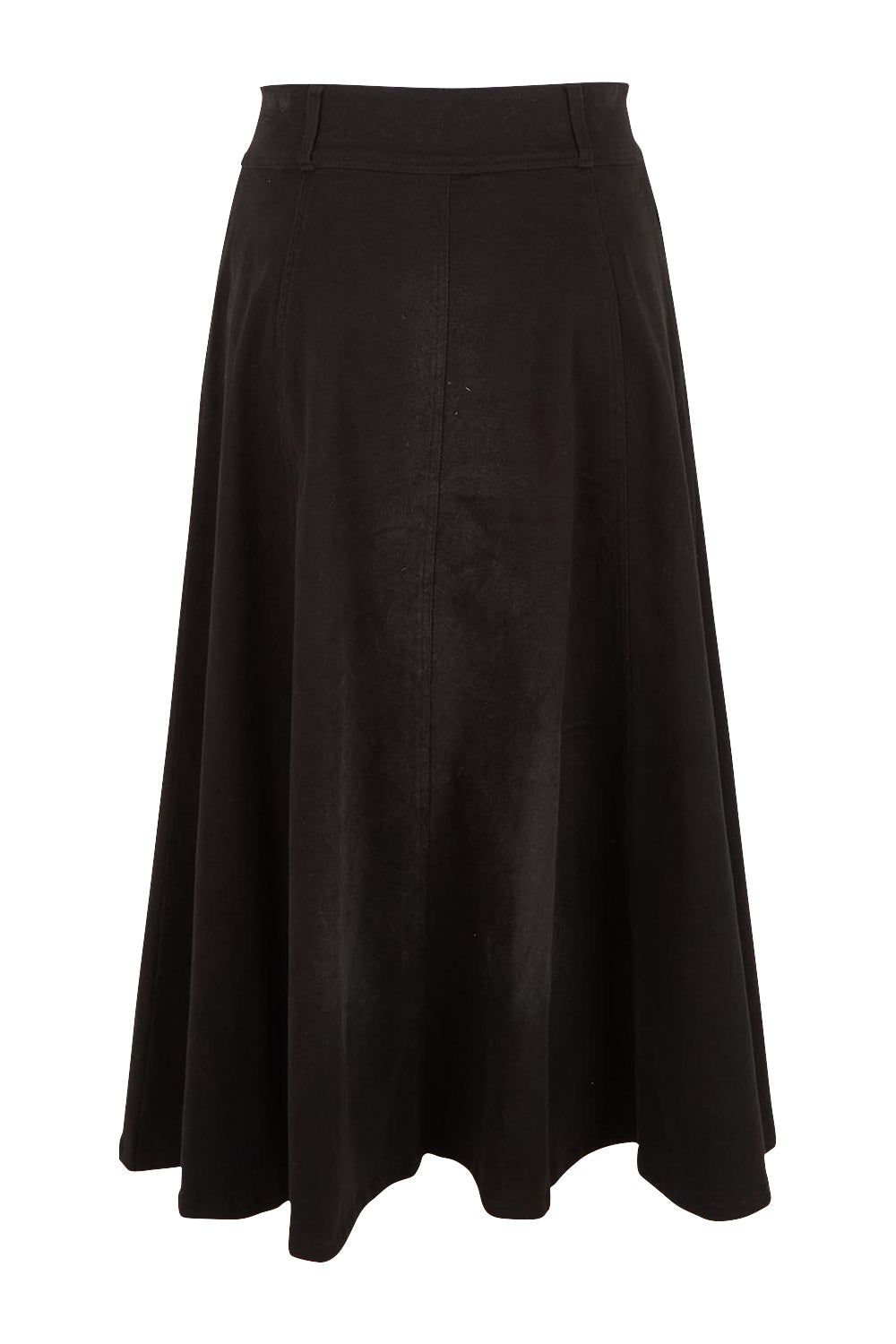 Product shot of the Sparking Joy Denim Panelled Skirt in colour Black (Black), from the back