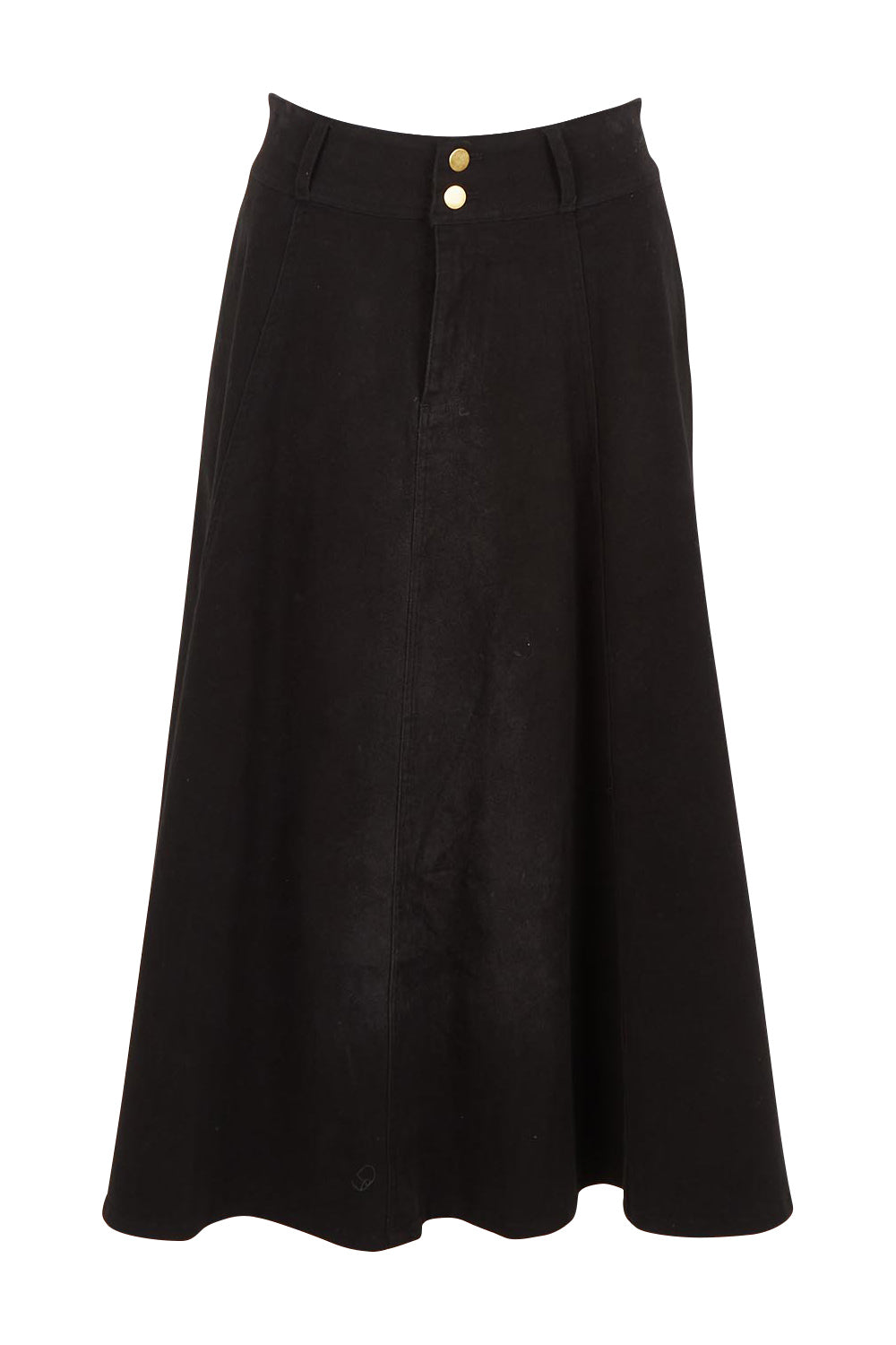 Product shot of the Sparking Joy Denim Panelled Skirt in colour Black (Black), from the front