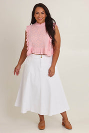 Model Ashleigh wearing size 16 of the Sparking Joy Denim Panelled Skirt in colour White (White), from the front, showing the whole outfit