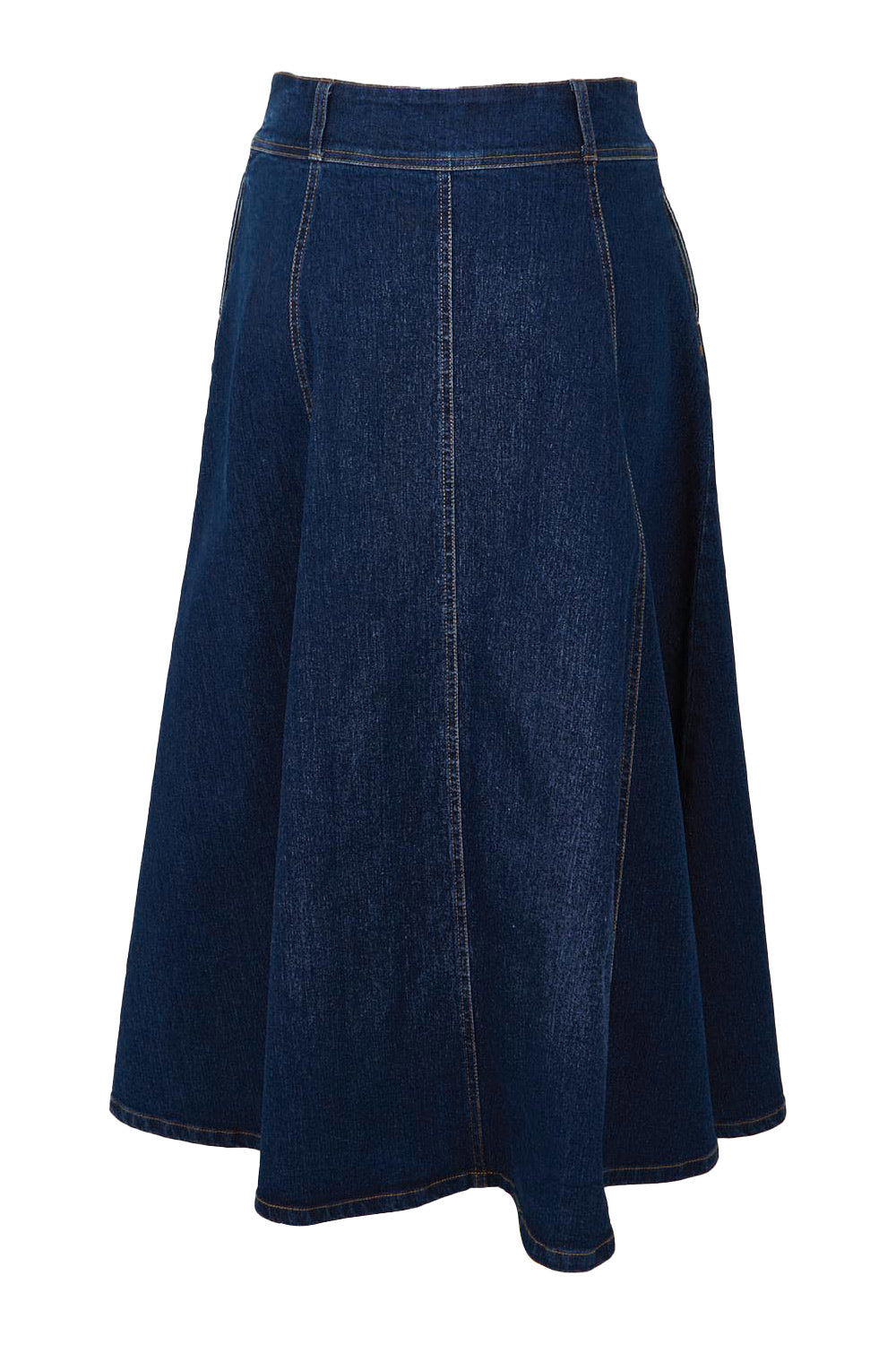 Product shot of the Sparking Joy Denim Panelled Skirt in colour Denim (Blue), from the back