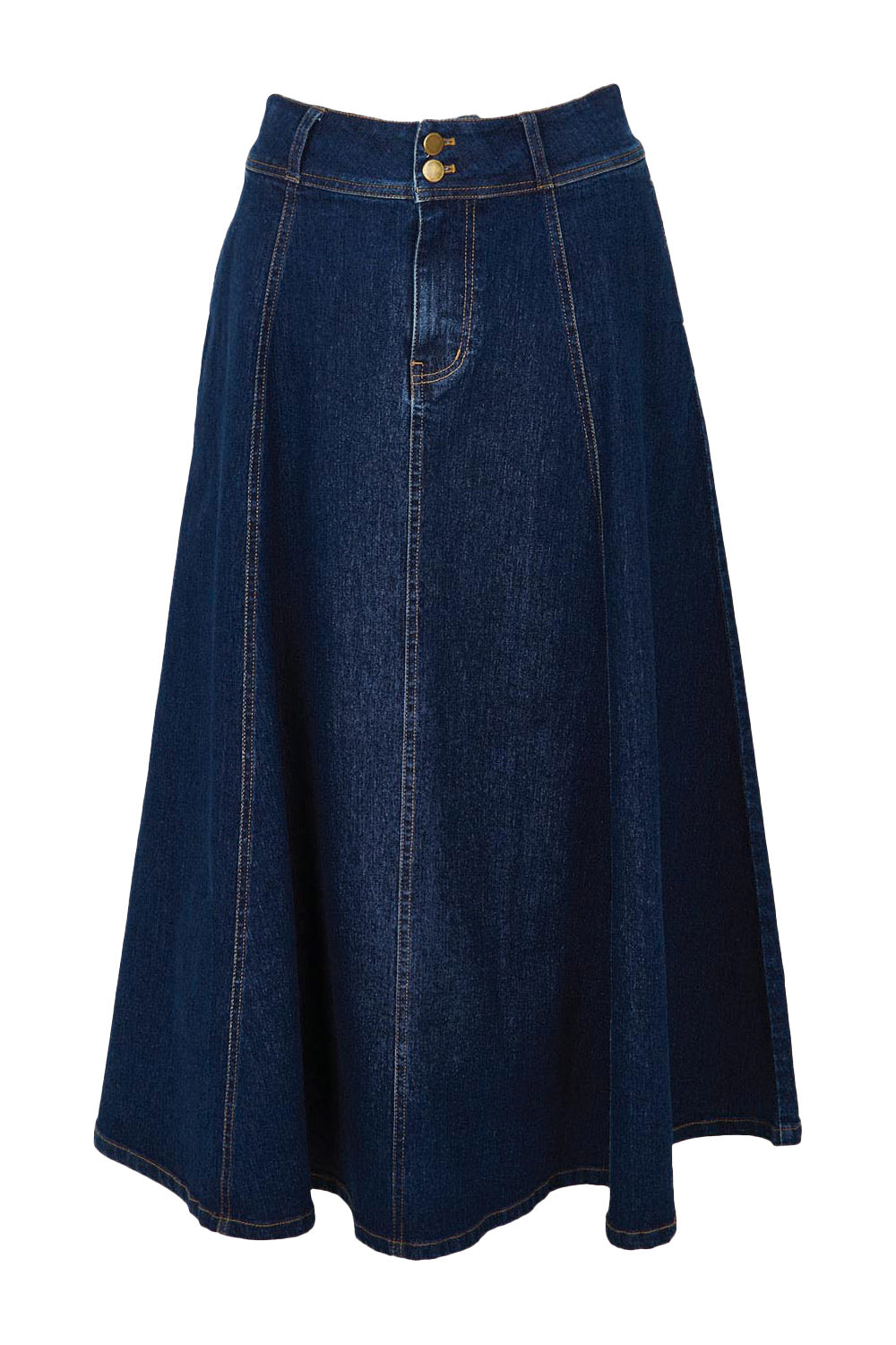 Product shot of the Sparking Joy Denim Panelled Skirt in colour Denim (Blue), from the front