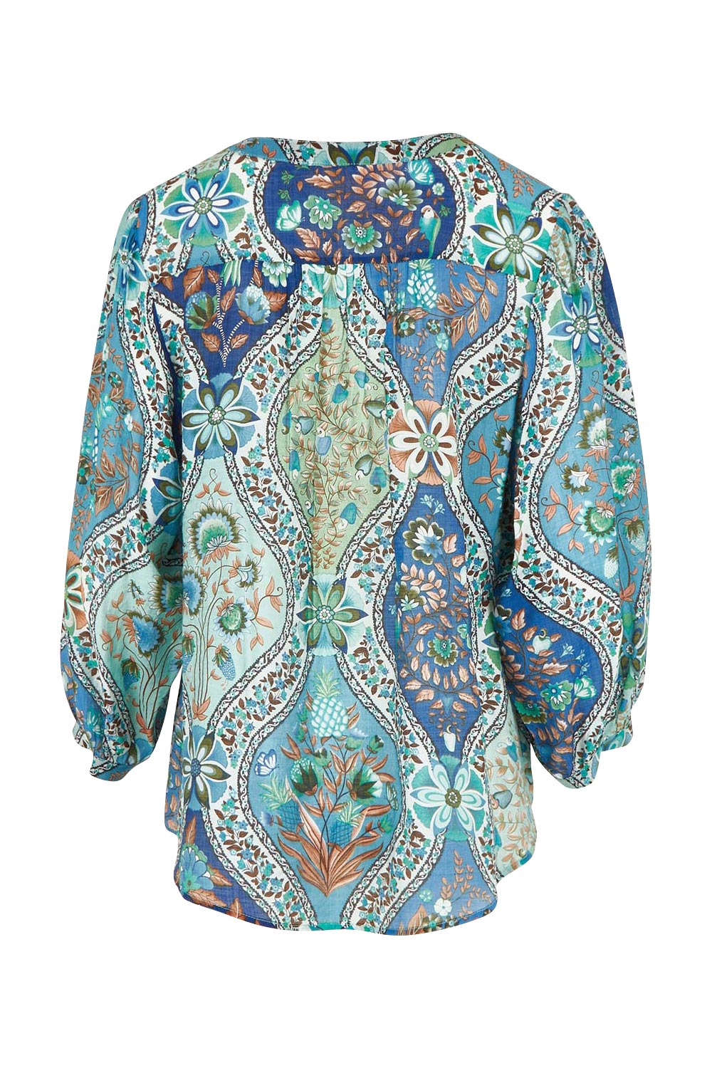 Product shot of the Easy On Me Blouse in colour Bluefolk (Blue), from the back
