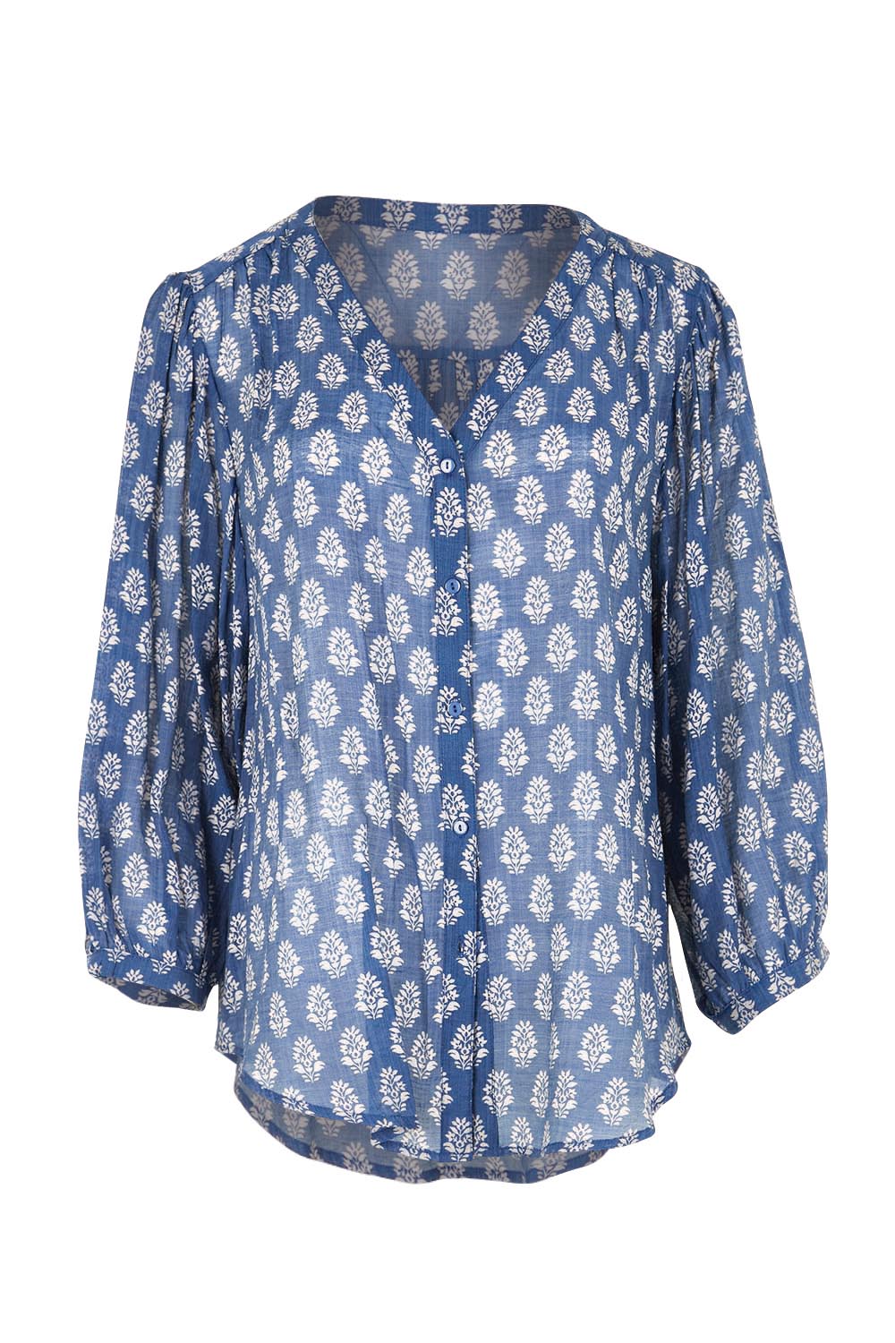 Product shot of the Easy On Me Blouse - Denimfleur in colour Denimfleur, from the front