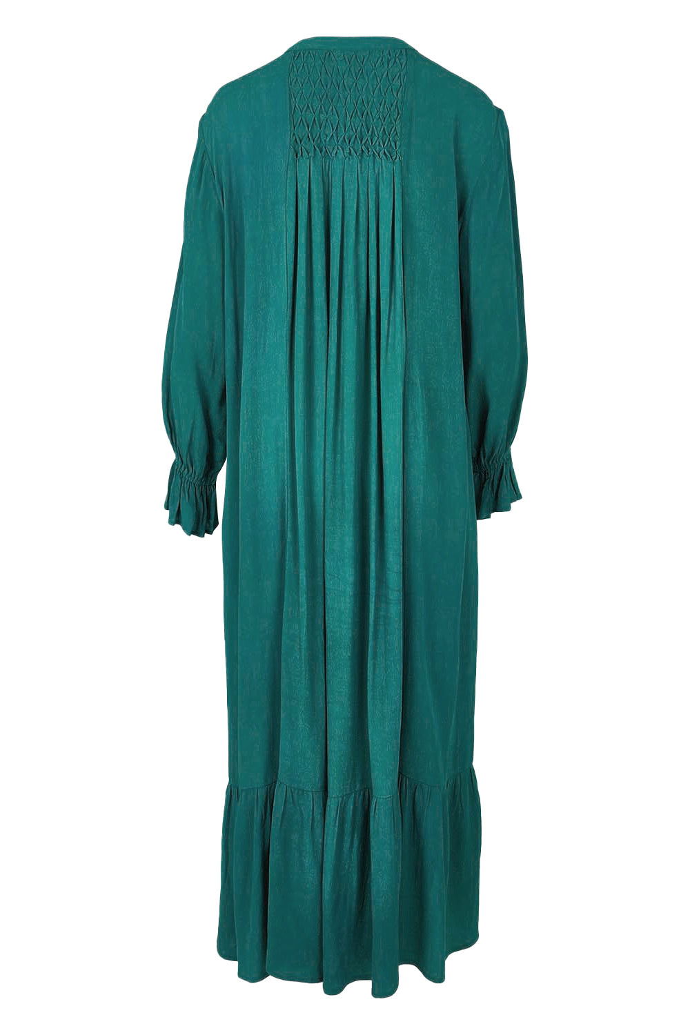 Product shot of the Meadow Meander Smocked Dress in colour Jade (Green), from the back