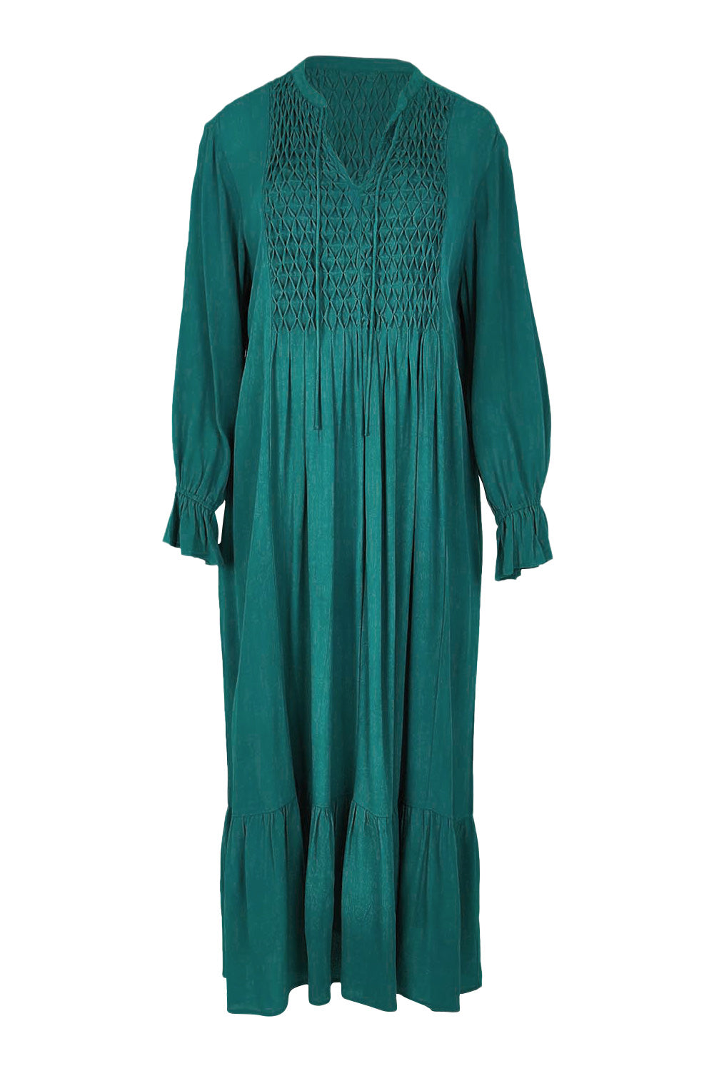 Product shot of the Meadow Meander Smocked Dress in colour Jade (Green), from the front