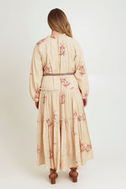 Model Chanel wearing size 16 of the Falling Into Your Arms Cotton Maxi Dress in colour Sandfleur, from the back