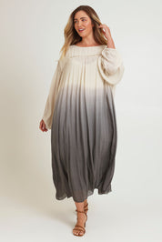 Model Chanel wearing size 16 of the First Love Gathered Ombre Dress in colour Earthombre, from the front, showing the whole outfit