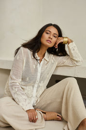 Model Tahnee wearing size 10 of the Sweet Escape Embroidered Cotton Mesh Shirt in colour Cream, from the front, showing the whole outfit