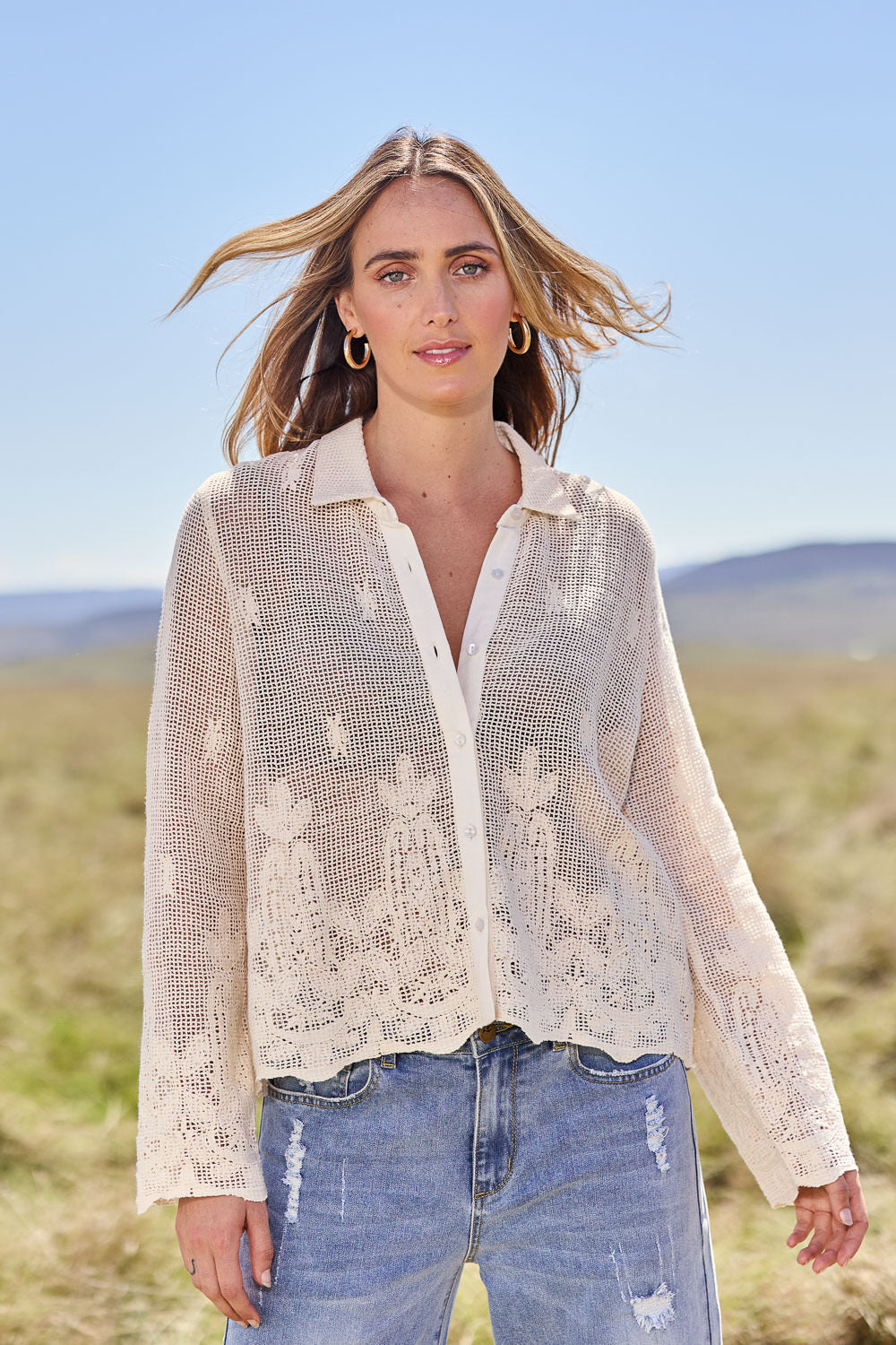 Model Tegan wearing size 10 of the Sweet Escape Embroidered Cotton Mesh Shirt in colour Cream, from the front, showing the whole outfit