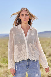 Model Tegan wearing size 10 of the Sweet Escape Embroidered Cotton Mesh Shirt in colour Cream, from the front, showing the whole outfit