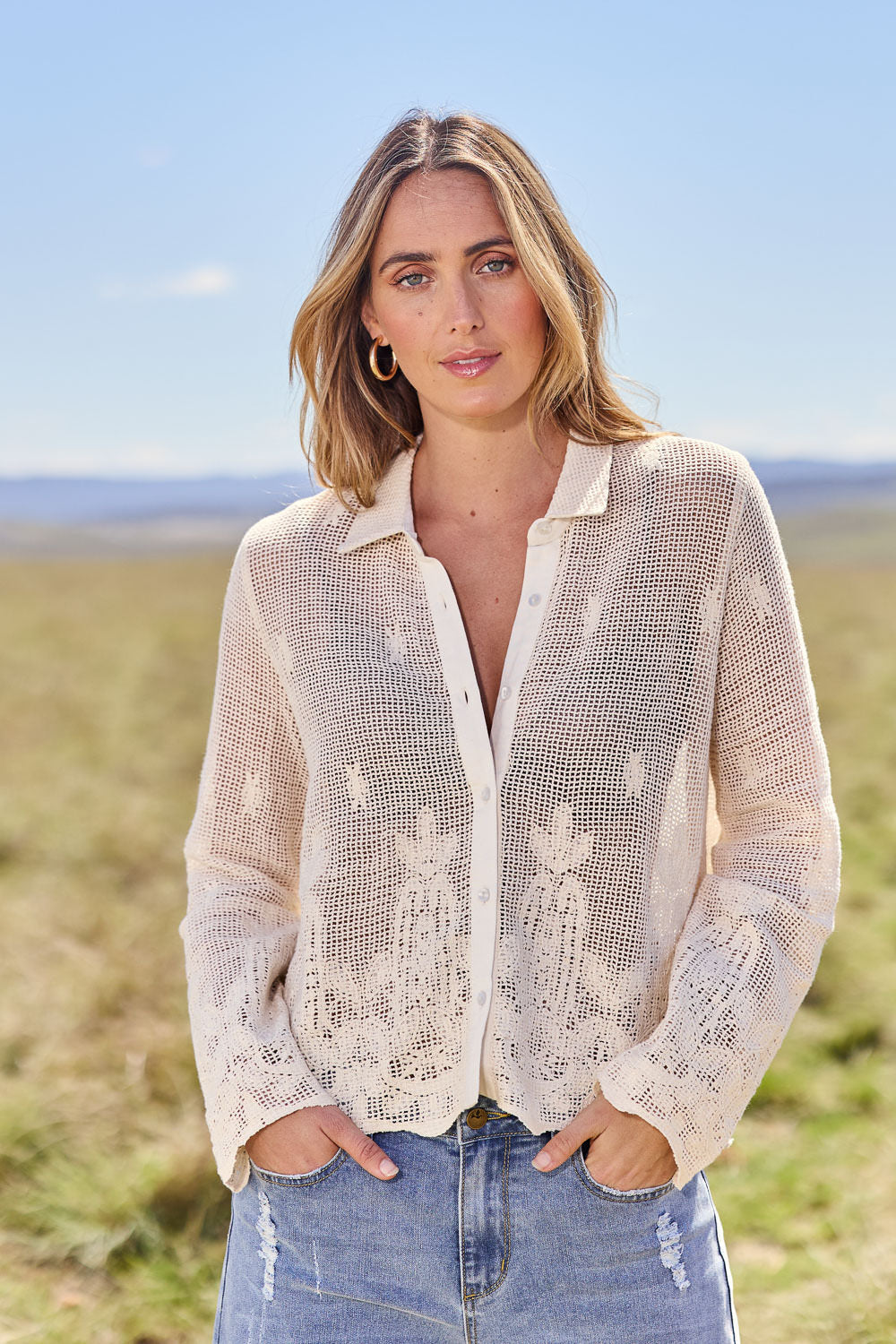 Model Tegan wearing size 10 of the Sweet Escape Embroidered Cotton Mesh Shirt in colour Cream, from the front, showing the whole outfit