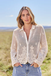 Model Tegan wearing size 10 of the Sweet Escape Embroidered Cotton Mesh Shirt in colour Cream, from the front, showing the whole outfit