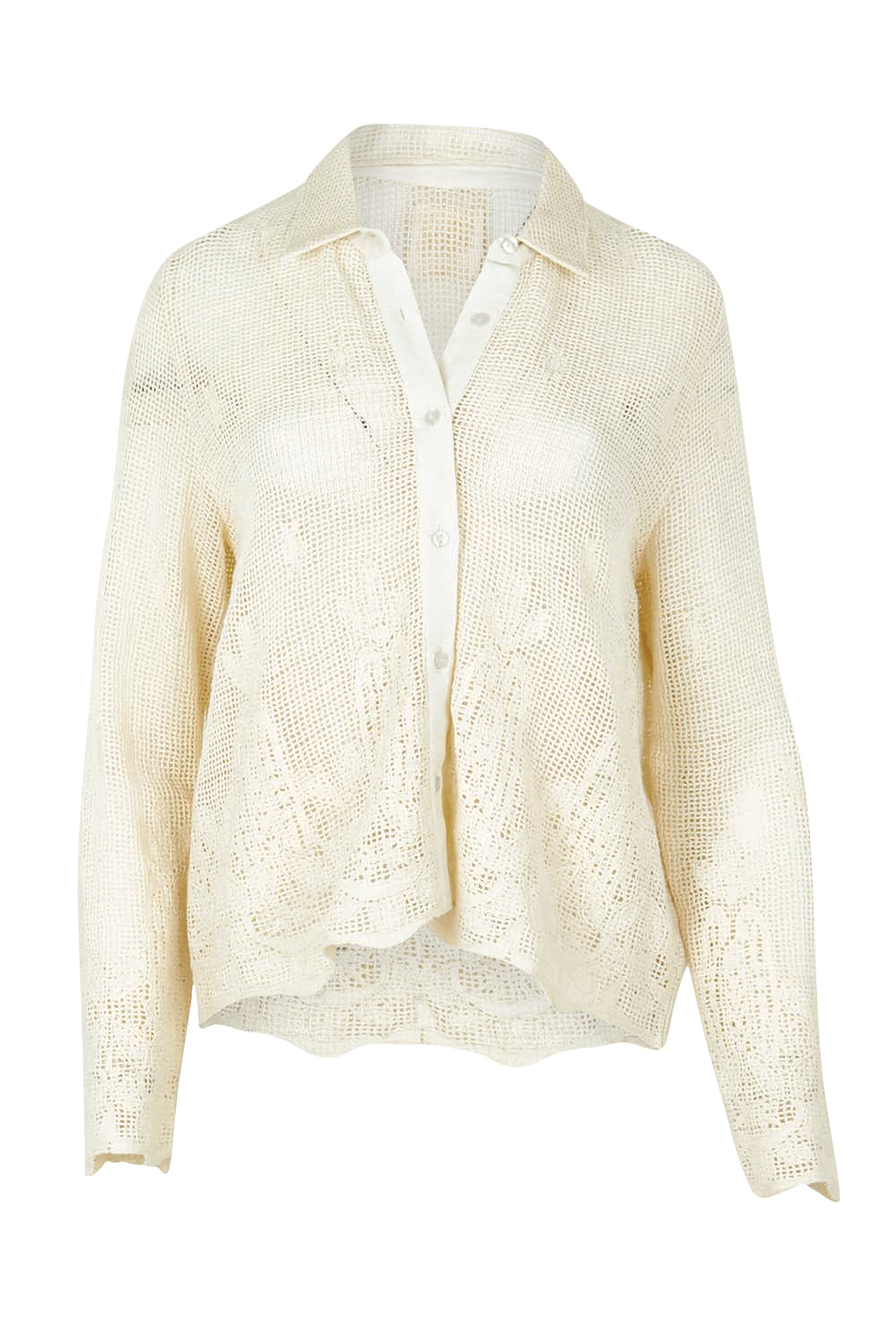 Product shot of the Sweet Escape Embroidered Cotton Mesh Shirt in colour Cream, from the front