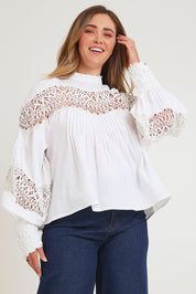 Model Chanel wearing size 16 of the High Tea With Me Cotton Blouse in colour White (White), from the front, cropped image