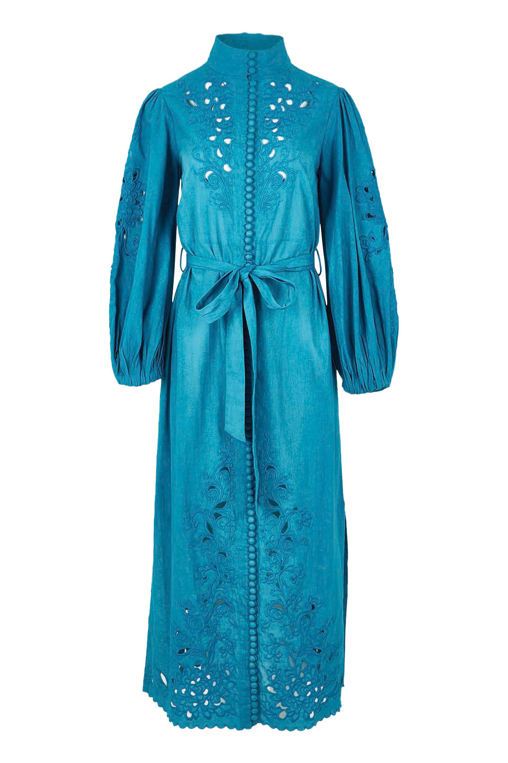 Product shot of the Youre A Gem Button Detail Cotton Dress in colour Jade (Blue), from the front