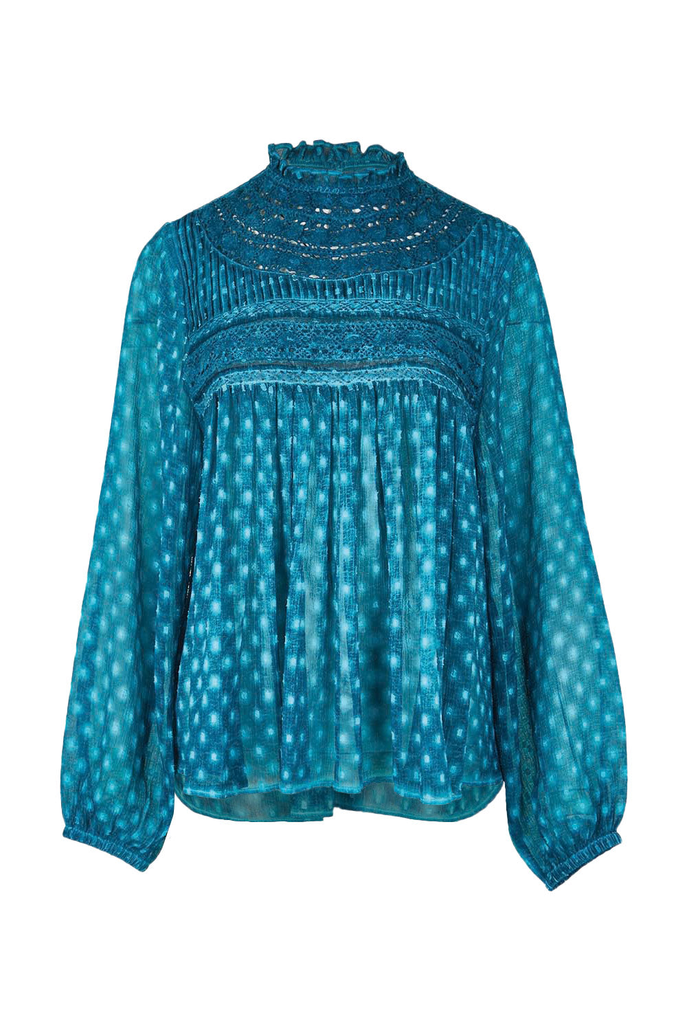 Product shot of the Drifting Along Blouse in colour Jade (Blue), from the front