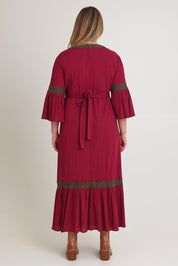 Model Chanel wearing size 16 of the Perfect As You Are Long Sleeve Maxi Dress in colour Plum (Purple), from the back