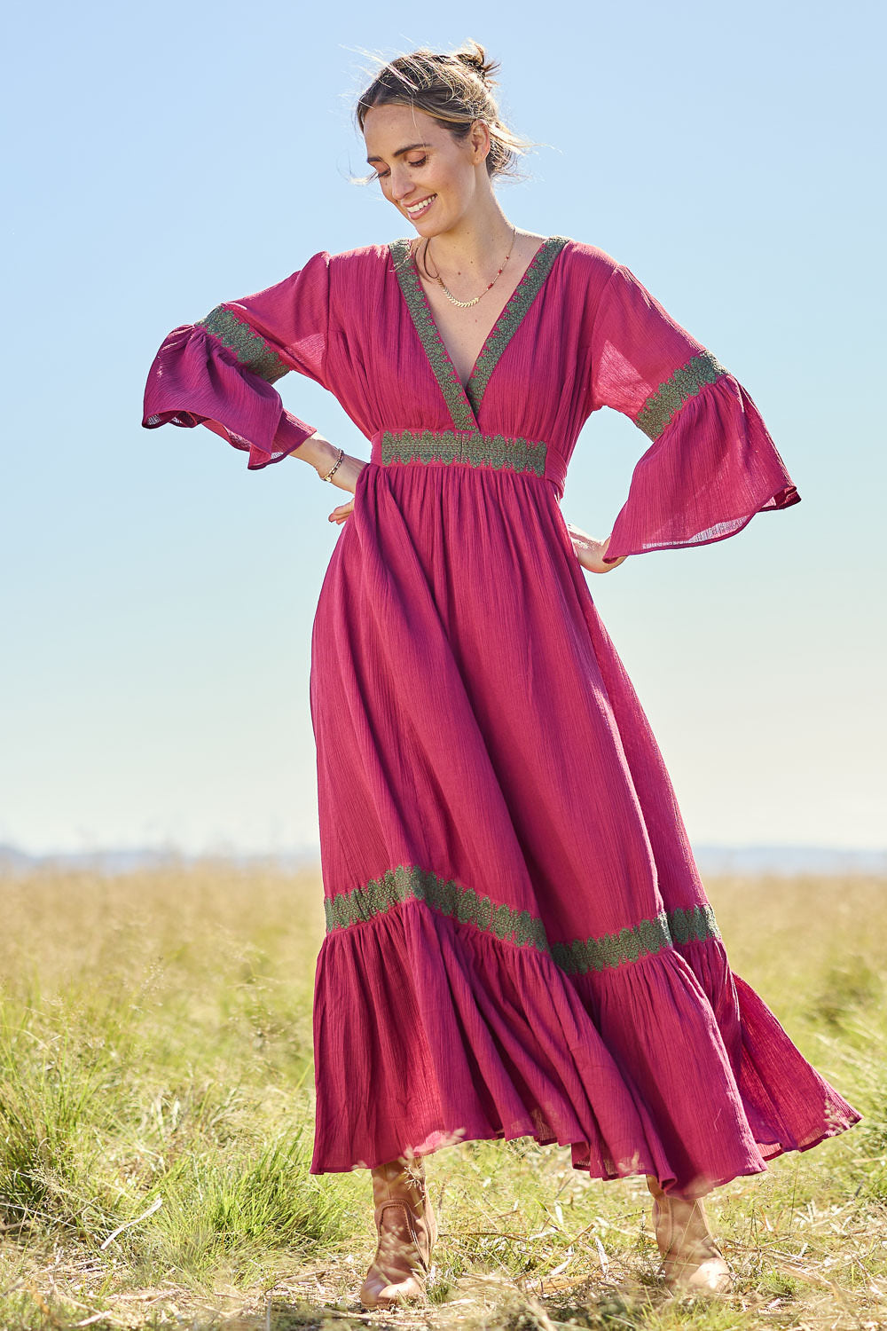 Model Tegan wearing size 10 of the Perfect As You Are Long Sleeve Maxi Dress in colour Plum (Purple), from the front, showing the whole outfit