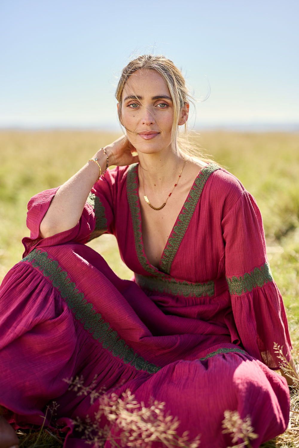 Model Tegan wearing size 10 of the Perfect As You Are Long Sleeve Maxi Dress in colour Plum (Purple), from the front, showing the whole outfit