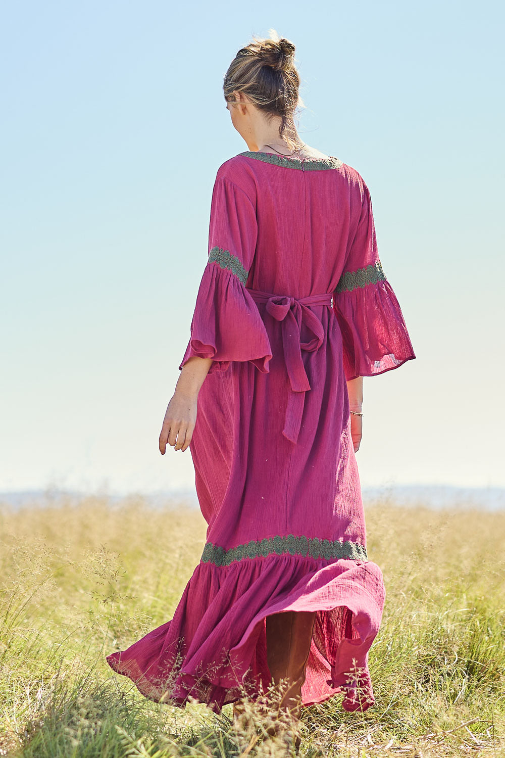 Model Tegan wearing size 10 of the Perfect As You Are Long Sleeve Maxi Dress in colour Plum (Purple), from the front, showing the whole outfit