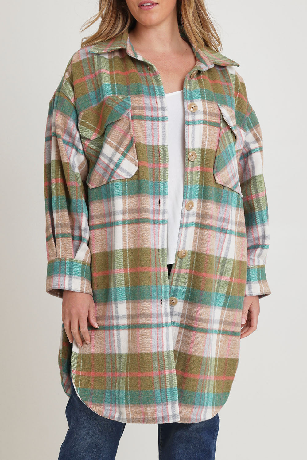 Model Chanel wearing size 16 of the Through The Trees Jacket in colour Check, from the front, cropped image