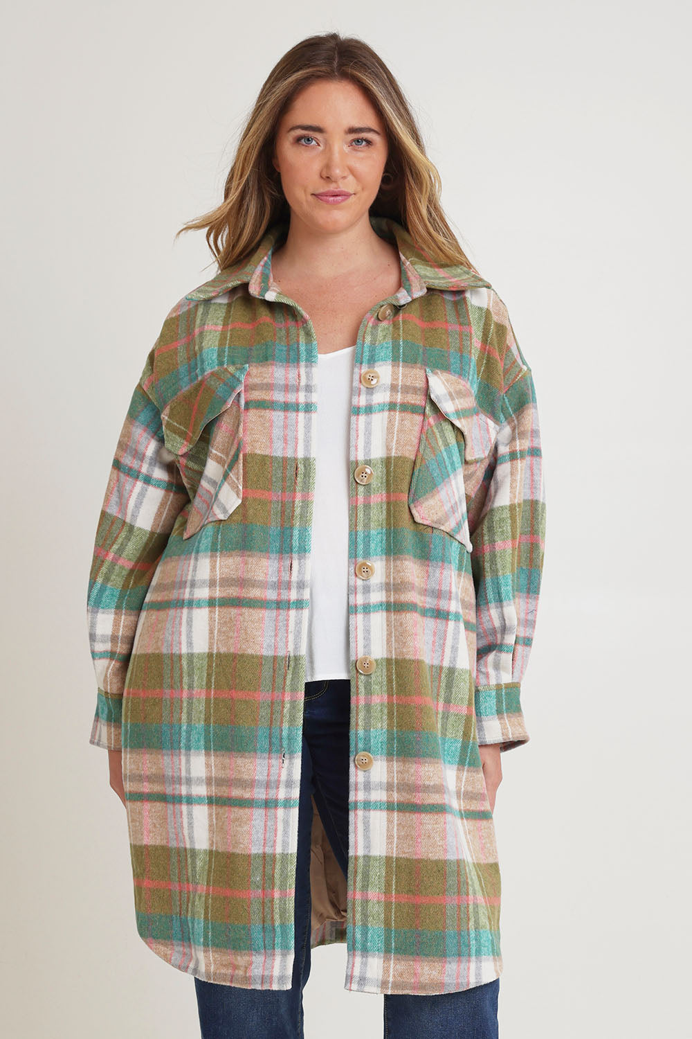 Model Chanel wearing size 16 of the Through The Trees Jacket in colour Check, from the front, cropped image