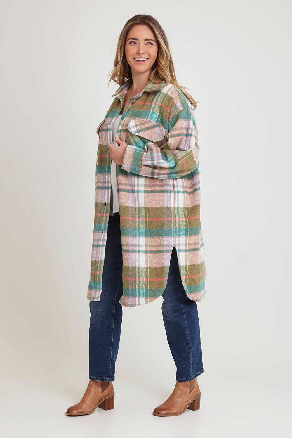 Model Chanel wearing size 16 of the Through The Trees Jacket in colour Check, from the front, showing the whole outfit