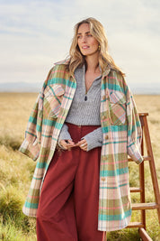 Model Tegan wearing size 10 of the Through The Trees Jacket in colour Check, from the front, showing the whole outfit