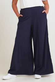 Model Chanel wearing size 16 of the Follow My Lead Side Stripe Pants in colour Navy (Blue), from the front, cropped image