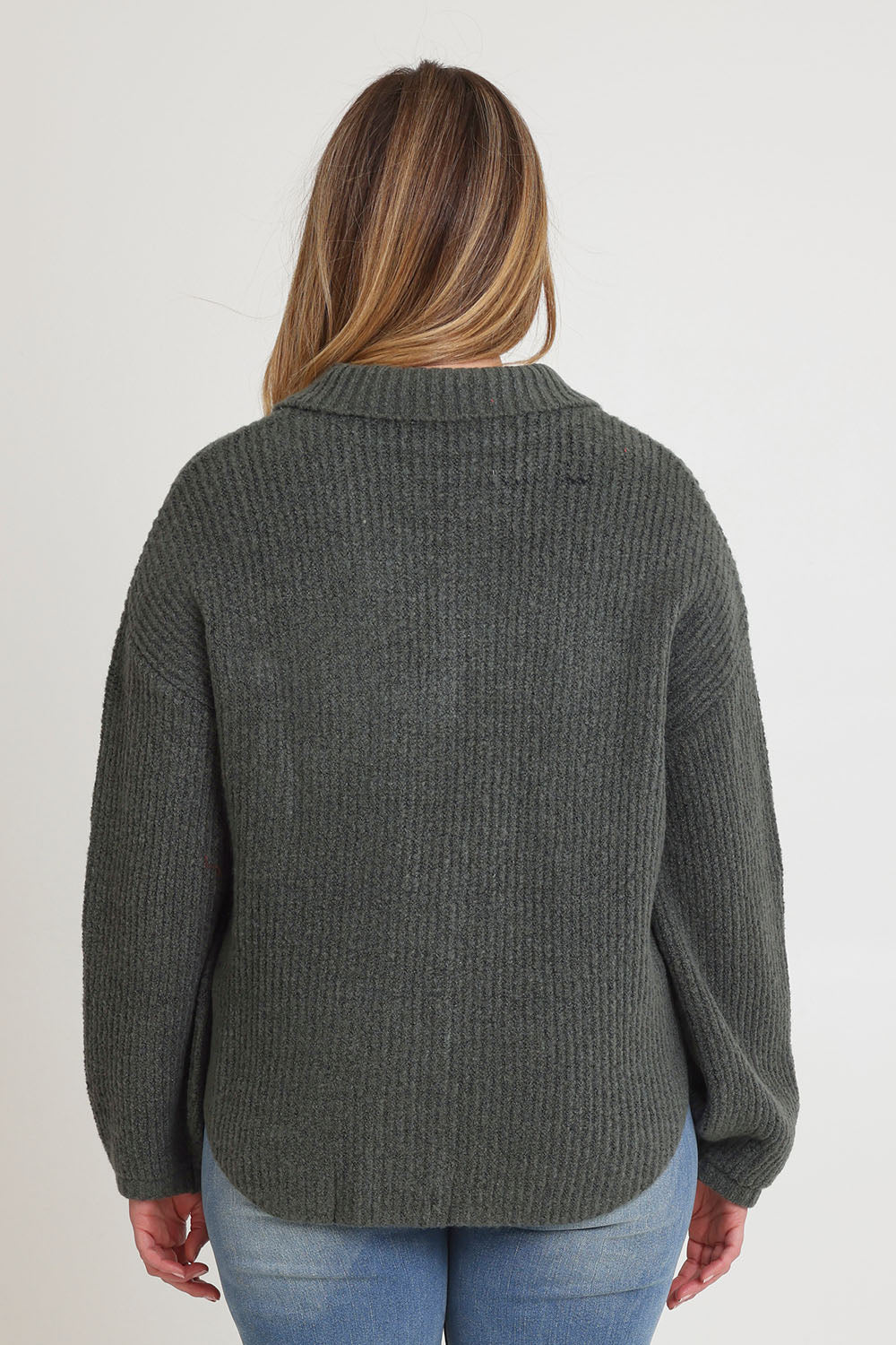 Model Chanel wearing size XL of the Cuddle Up To Me Knit Cardi in colour Gumnut (Green), from the back