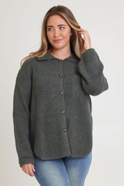 Model Chanel wearing size XL of the Cuddle Up To Me Knit Cardi in colour Gumnut (Green), from the front, cropped image