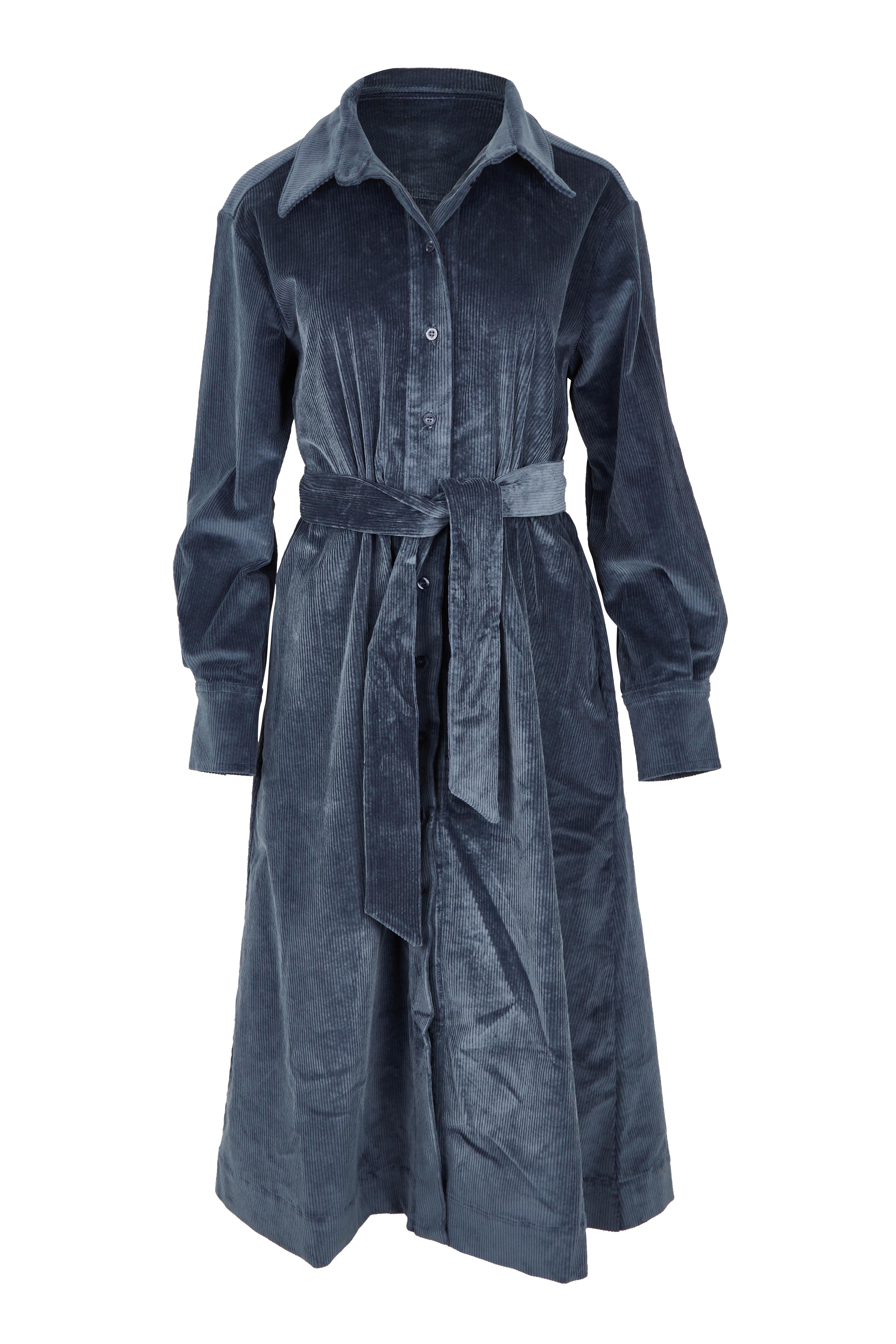 Product shot of the High Impact Cord Dress in colour Blue (Blue), from the front