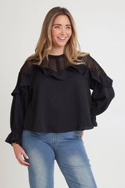 Model Chanel wearing size 16 of the Good Feels Lace Detail Blouse in colour Black (Black), from the front, cropped image