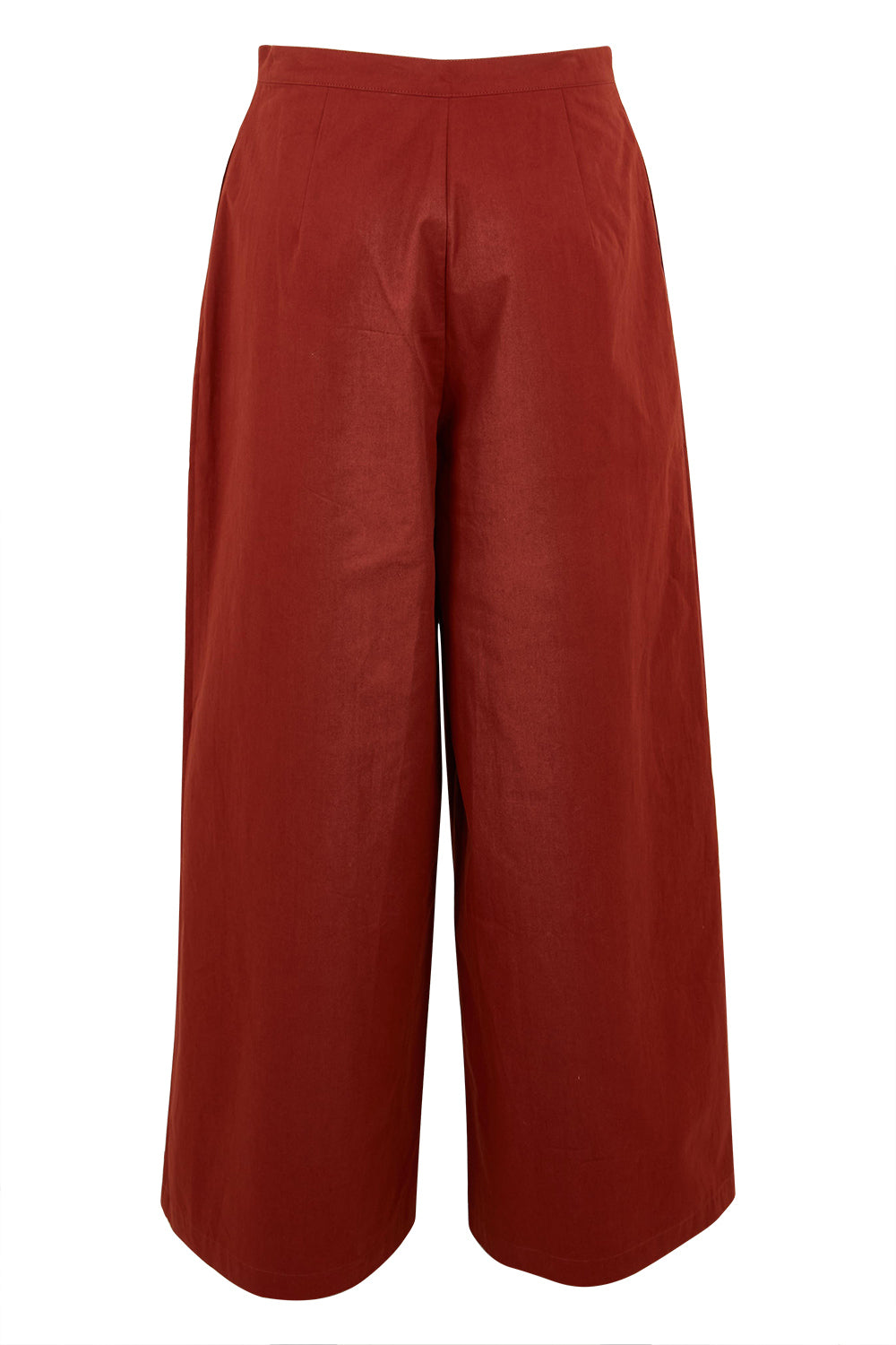 Product shot of the Take The High Road Cotton Wide Leg Pants in colour Bordeaux (Red), from the back