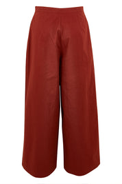 Product shot of the Take The High Road Cotton Wide Leg Pants in colour Bordeaux (Red), from the back