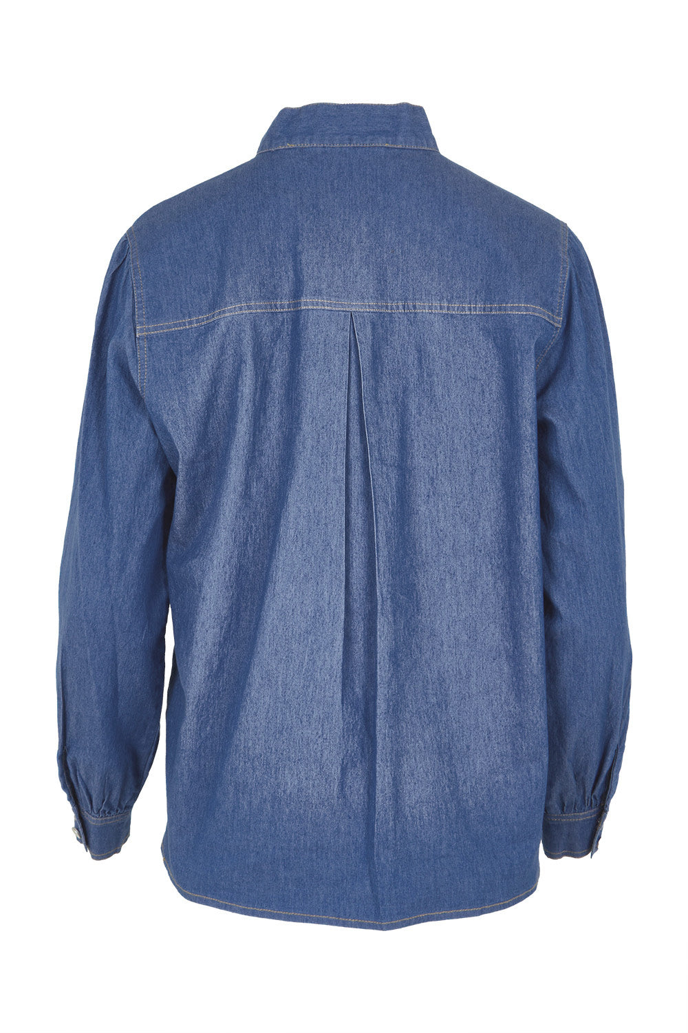 Product shot of the Take A Bow Chambray Blouse in colour Demin (Blue), from the back