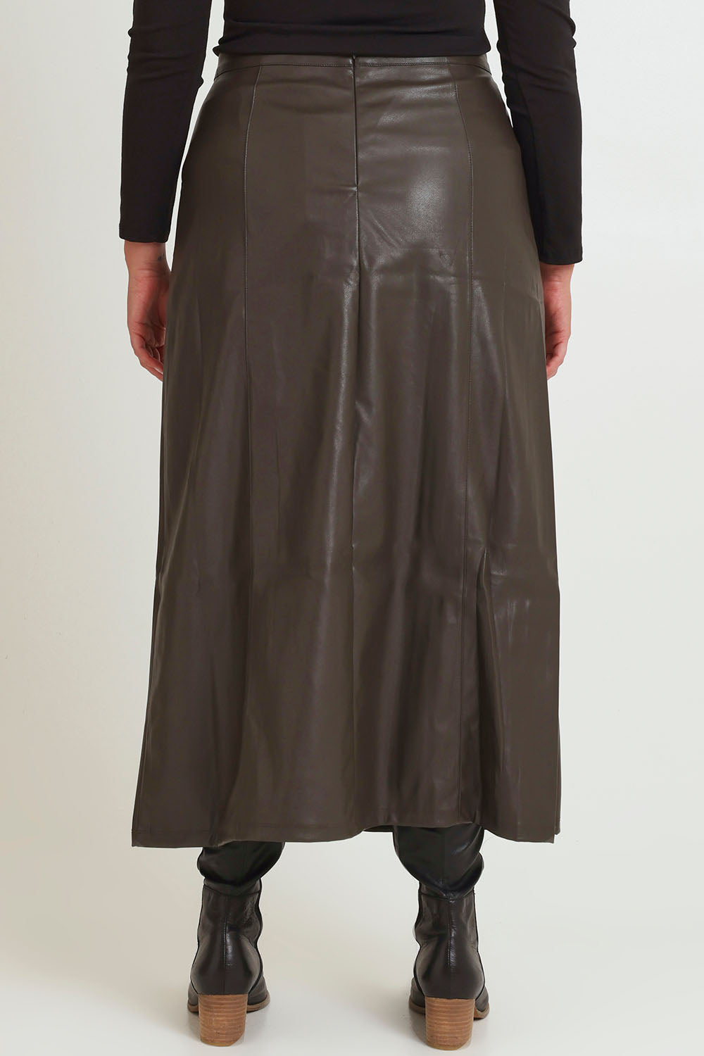 Model Chanel wearing size 16 of the Easy Elegance Vegan Leather Maxi Skirt in colour Olive (Green), from the back