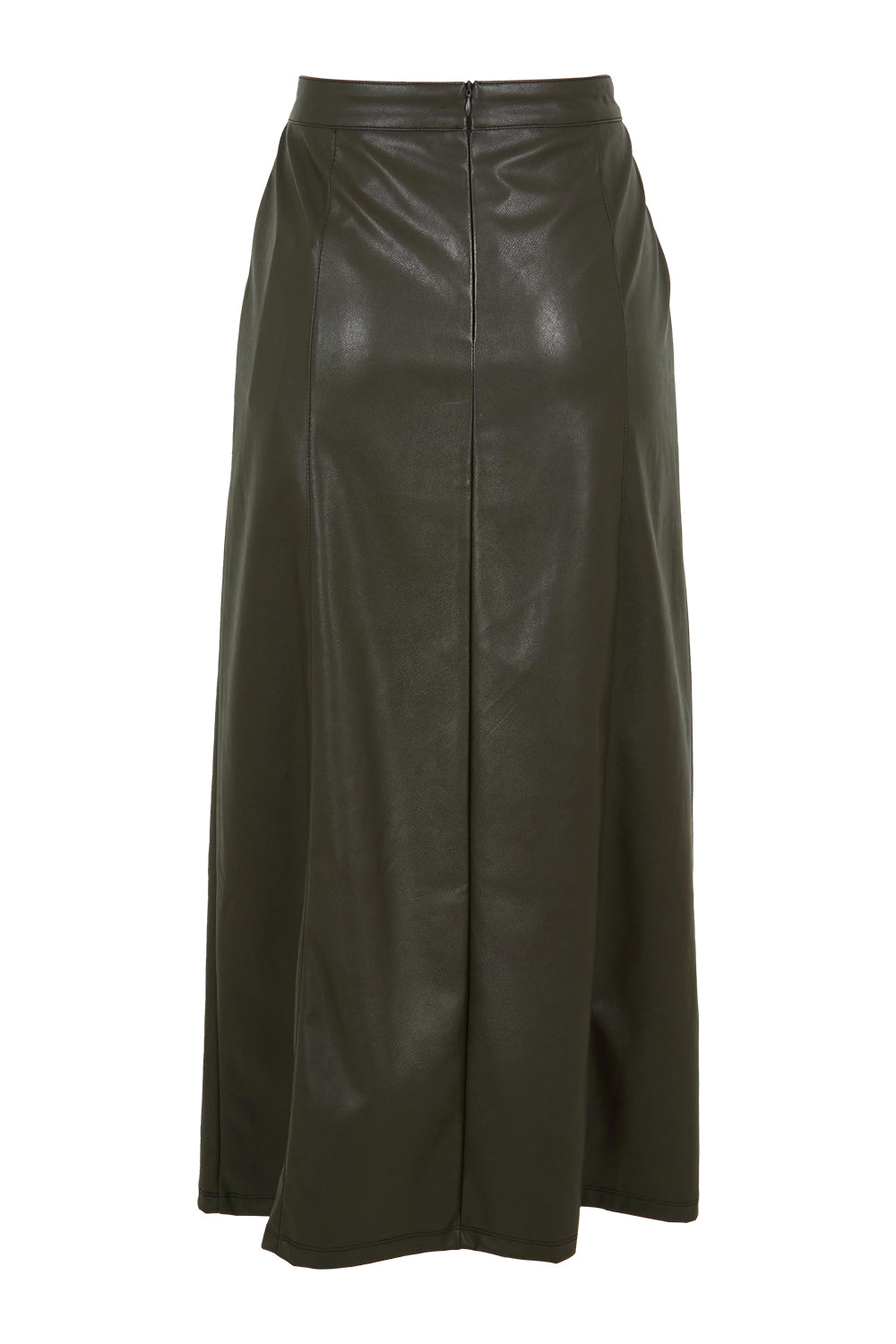 Product shot of the Easy Elegance Vegan Leather Maxi Skirt in colour Olive (Green), from the back