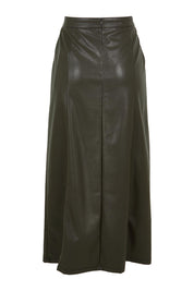 Product shot of the Easy Elegance Vegan Leather Maxi Skirt in colour Olive (Green), from the back