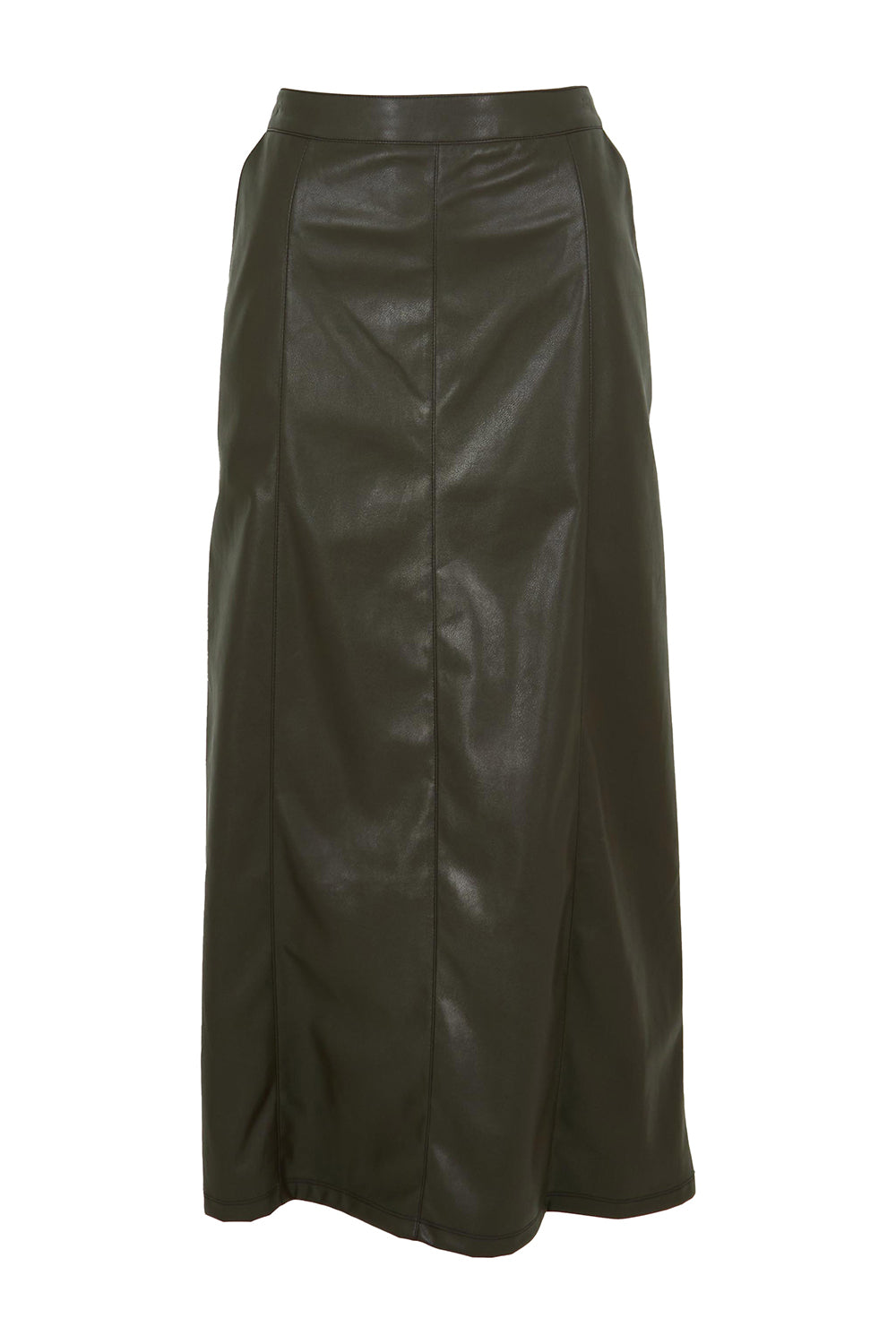 Product shot of the Easy Elegance Vegan Leather Maxi Skirt in colour Olive (Green), from the front