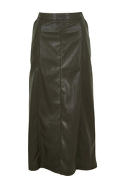 Product shot of the Easy Elegance Vegan Leather Maxi Skirt in colour Olive (Green), from the front